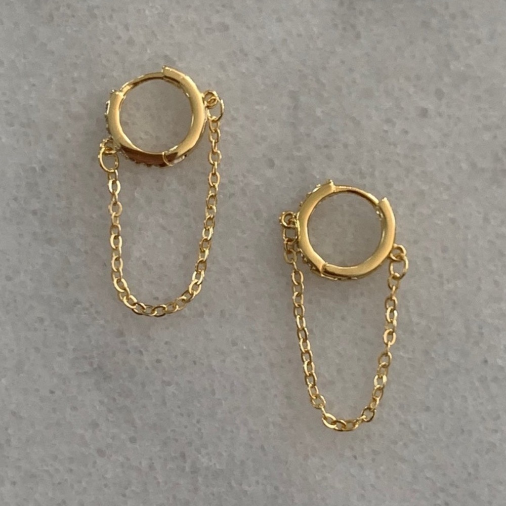 Gold Crystal Huggie Hoop Chain Drop Earrings Brand New